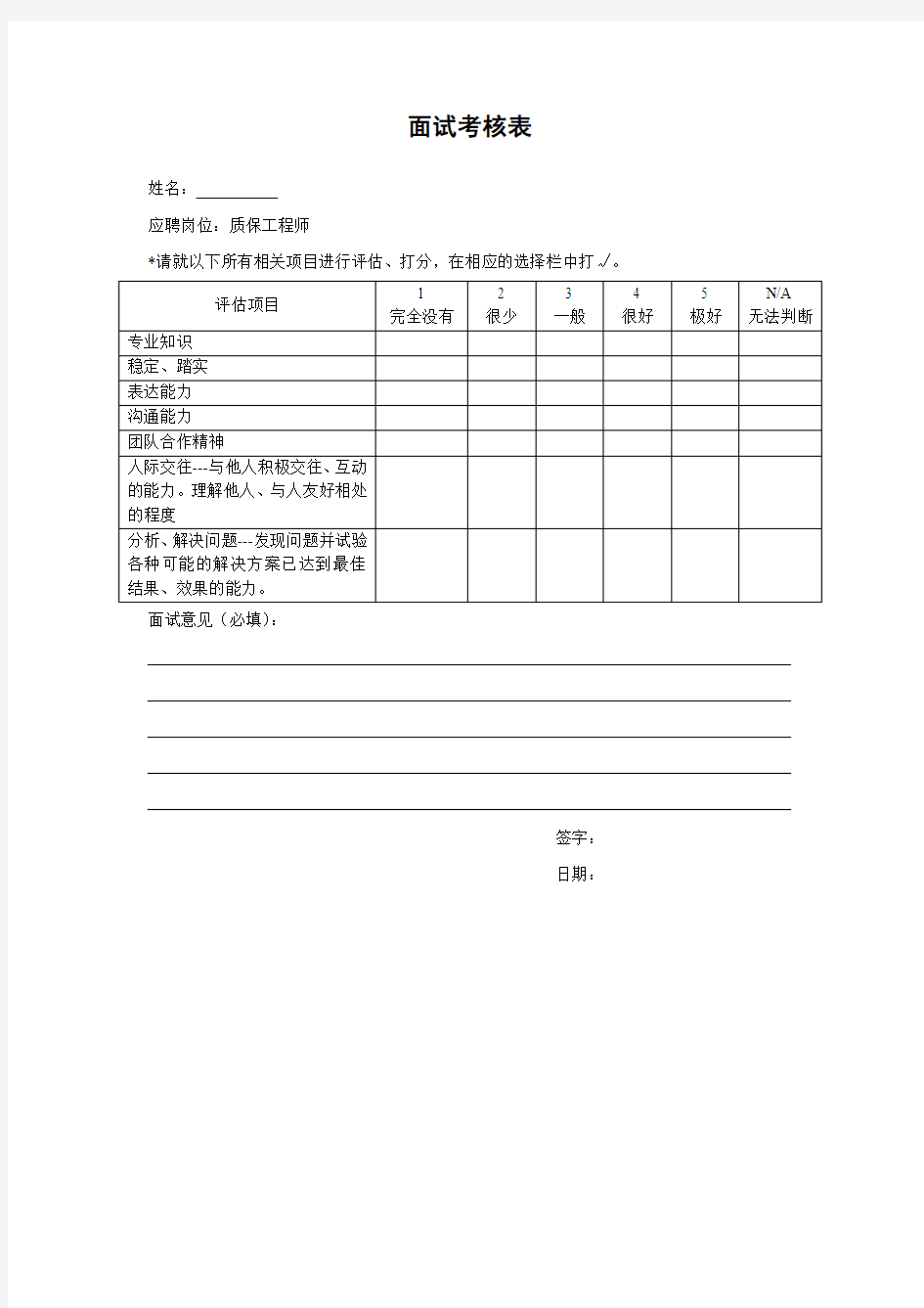 面试评分表格(质保工程师)