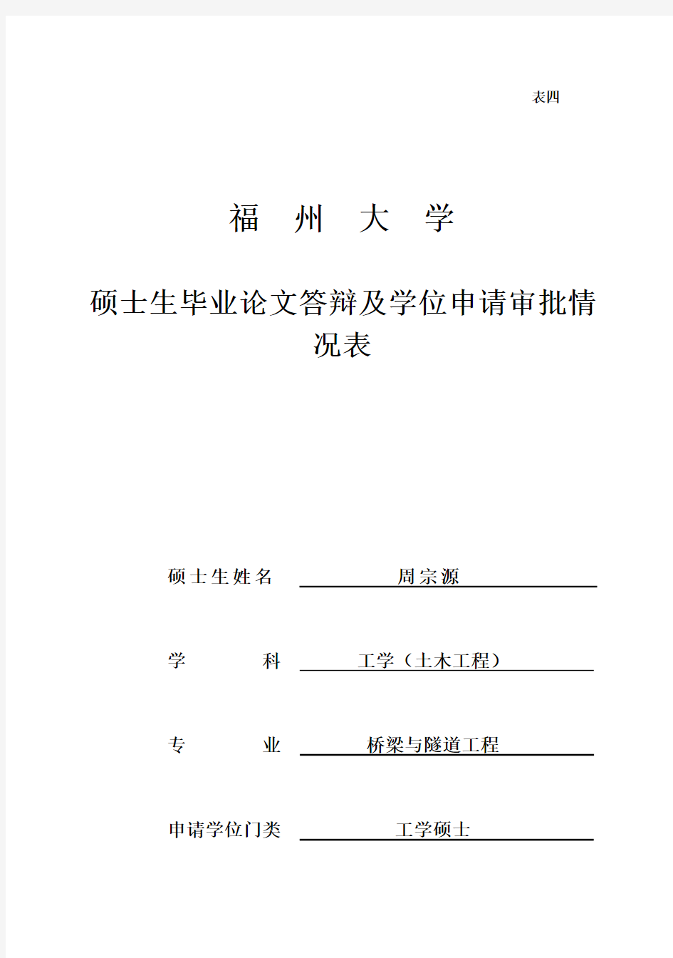 (完整版)周宗源04硕士生毕业论文答辩及学位申请审批情况表(表四)