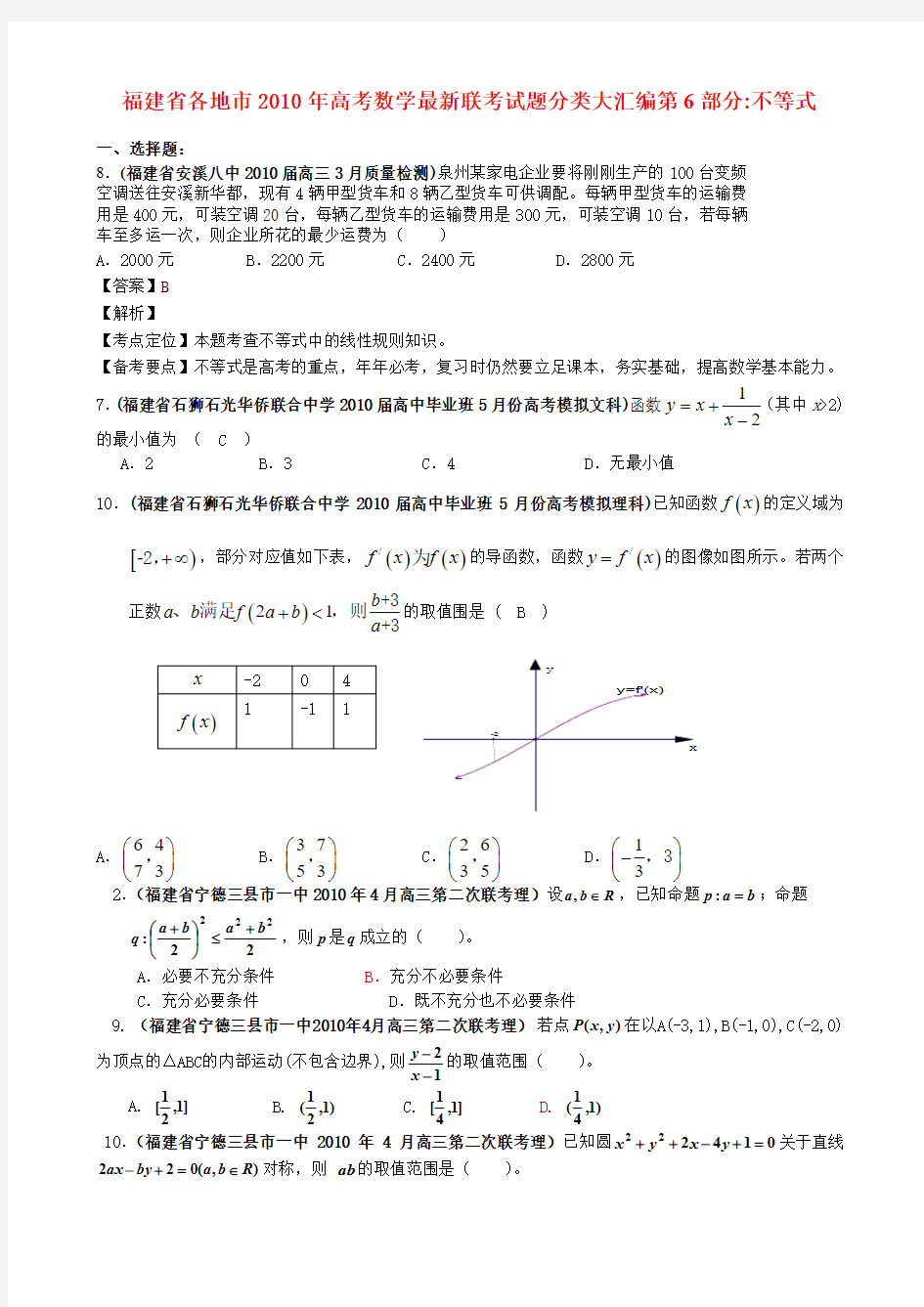 福建省各地市高考数学最新联考试题分类大汇编 不等式