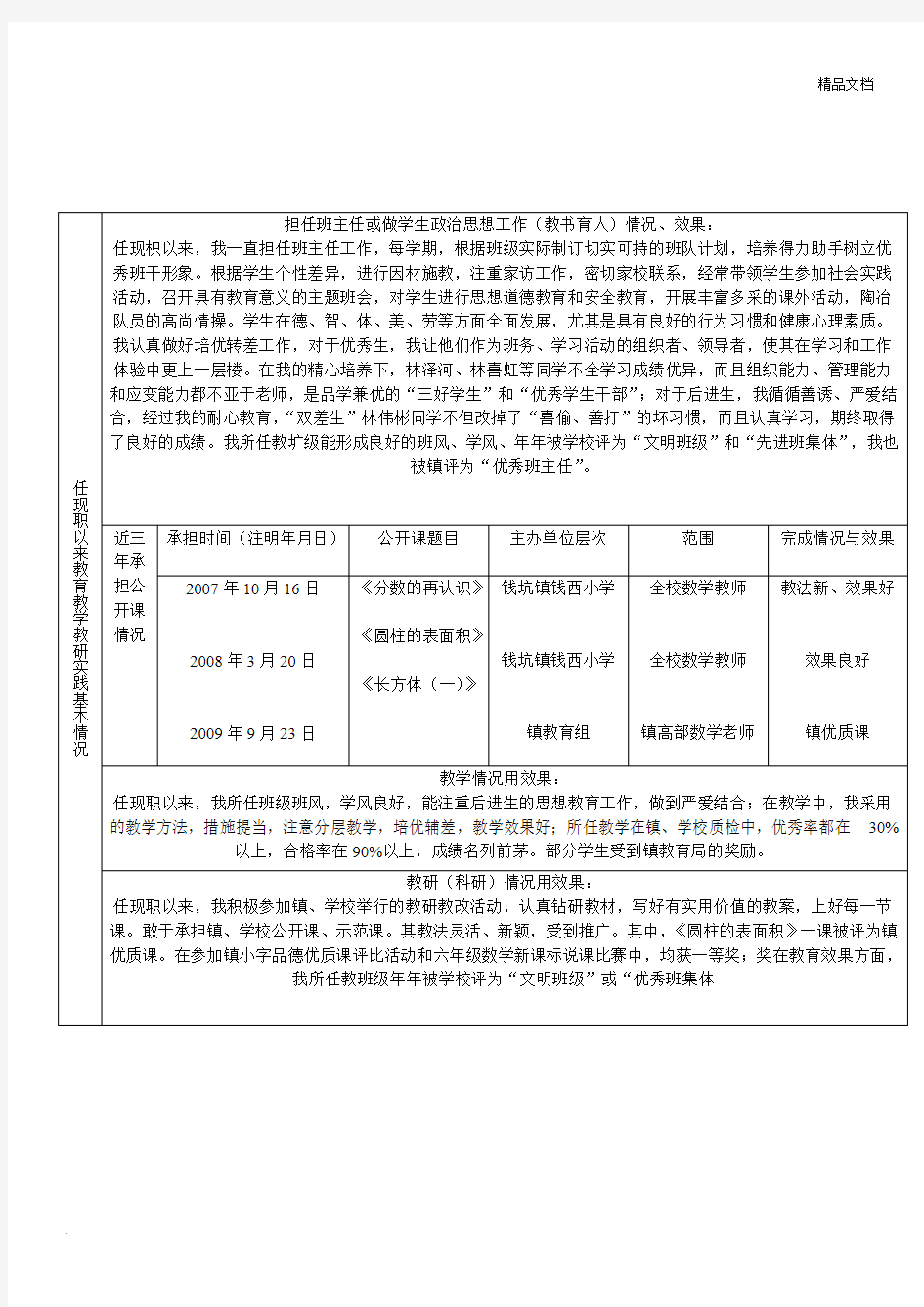 任现职以来教育教学教研实践基本情况