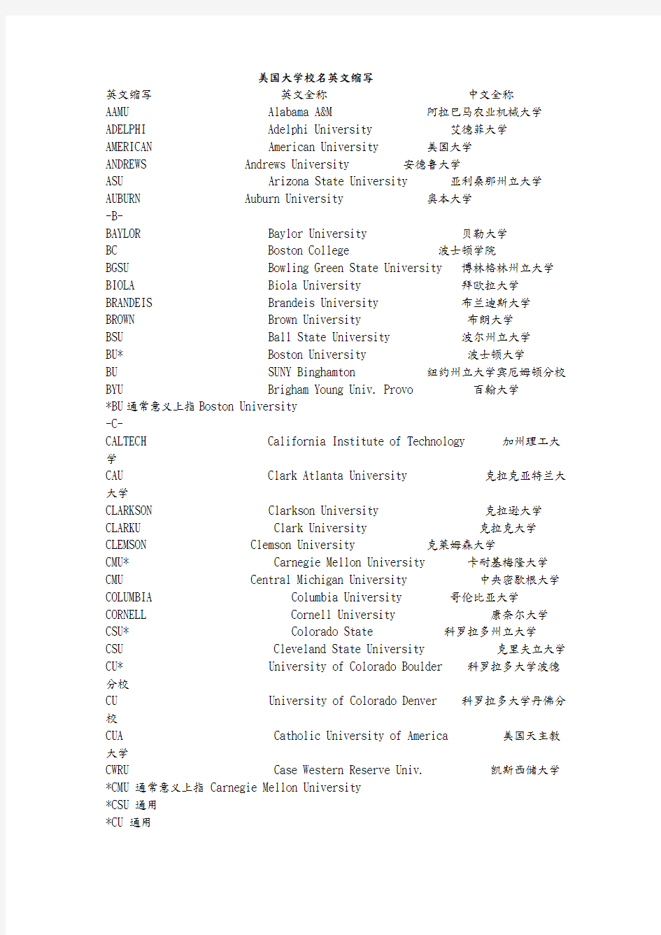 美国大学校名英文缩写