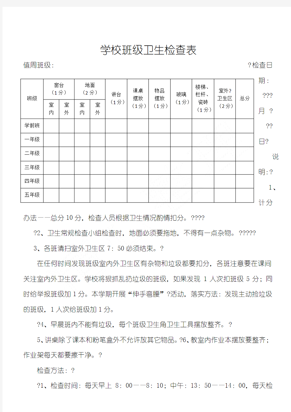 学校班级卫生检查表