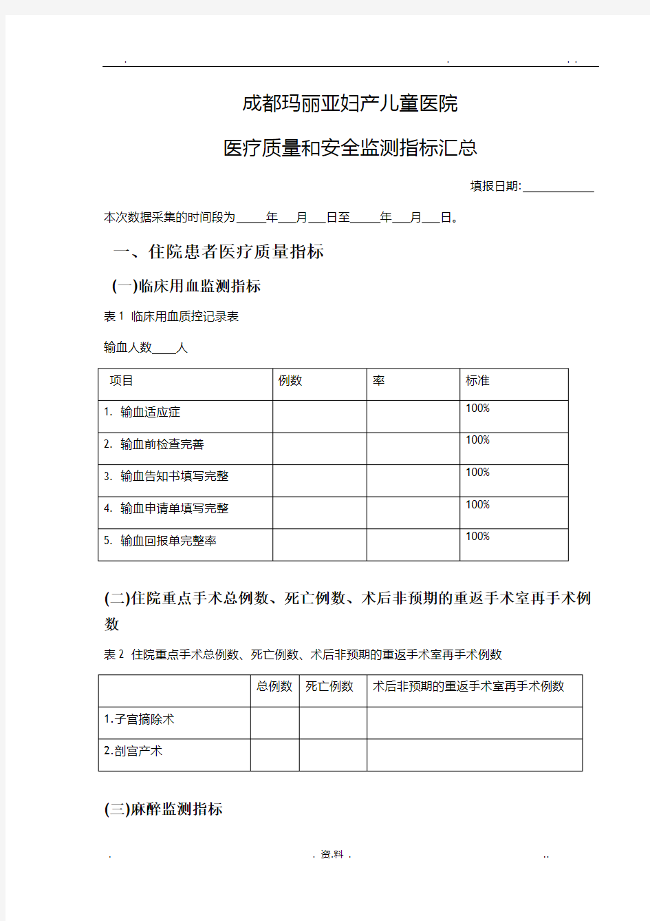 医疗质量和安全监测指标汇总表