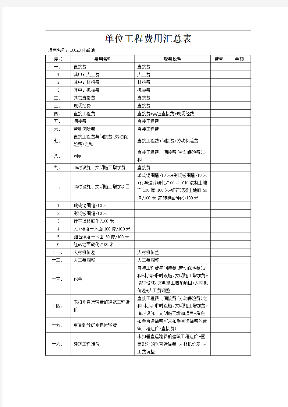 单位工程费用汇总表