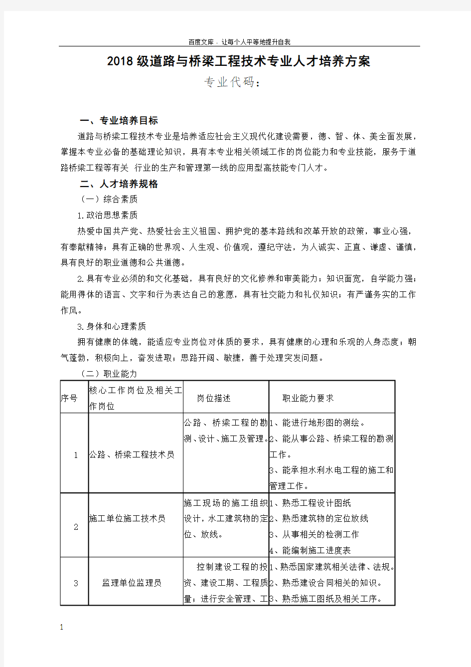 2018级道路与桥梁工程技术专业人才培养方案专业代码专业