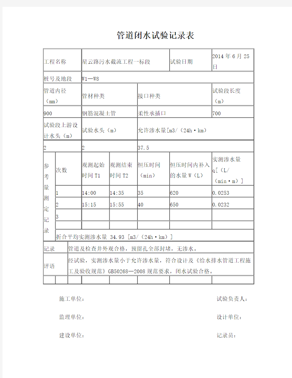 管道闭水试验记录表