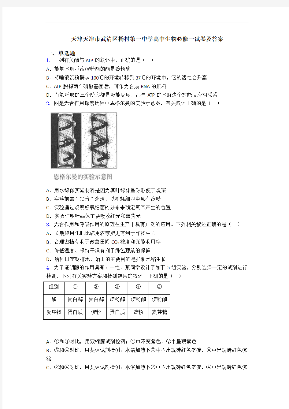 天津天津市武清区杨村第一中学高中生物必修一试卷及答案