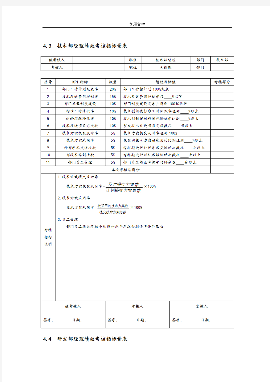 技术研发人员KPI绩效量化指标考核