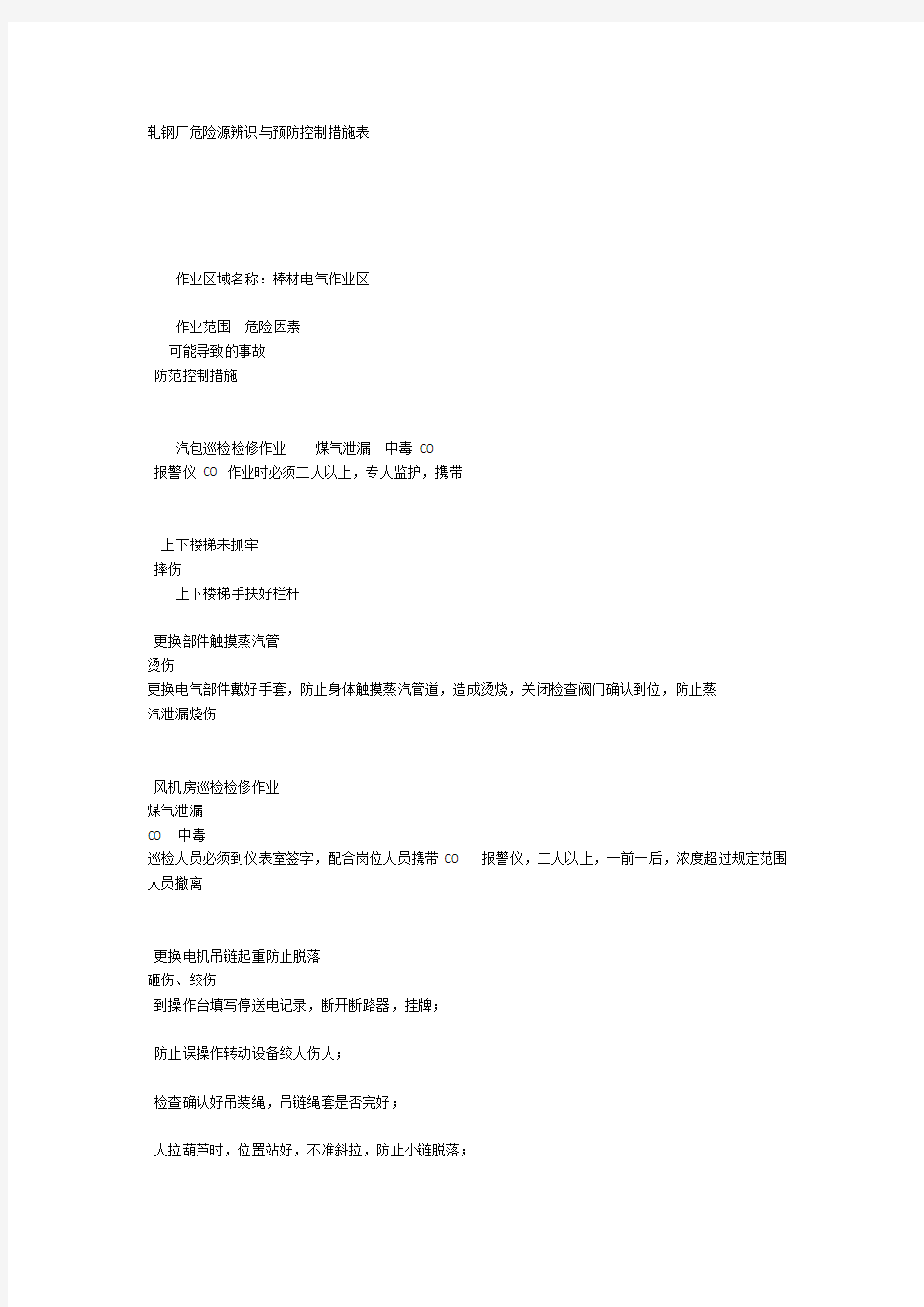 轧钢厂危险源辨识与预防控制措施表