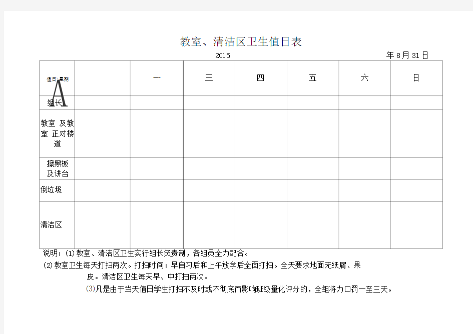 教室、清洁区卫生值日表