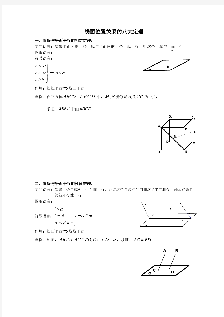 线面位置关系的八大定理