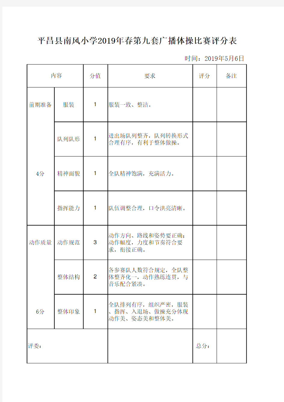 体操比赛评分表