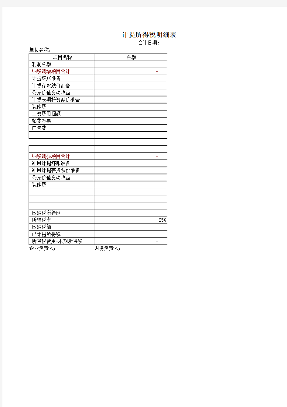 计提所得税明细表