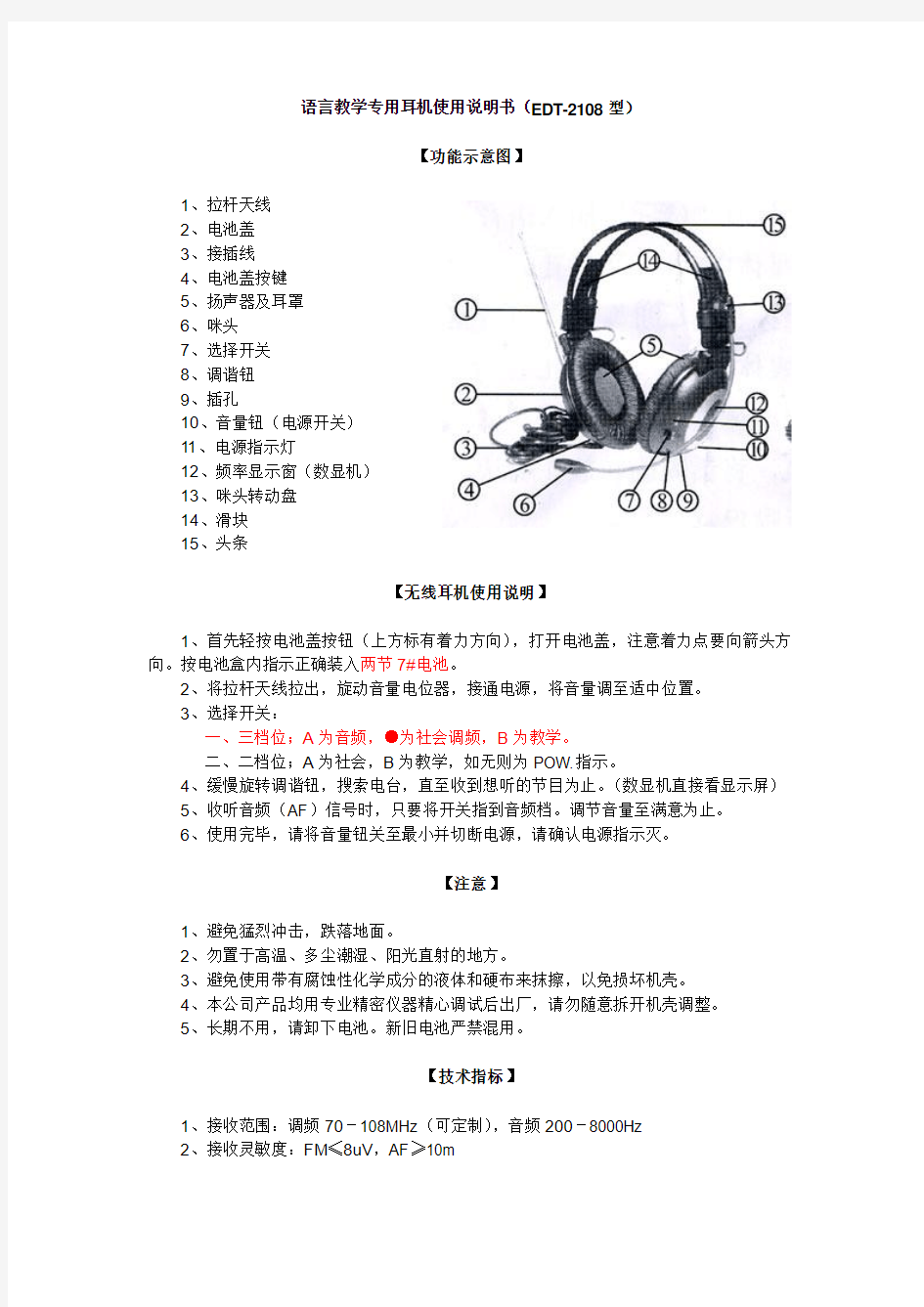 语言教学专用耳机使用说明书(EDT-2108型)