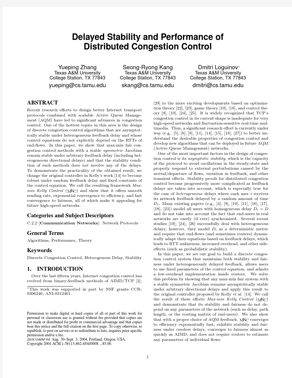 ABSTRACT Delayed Stability and Performance of Distributed Congestion Control