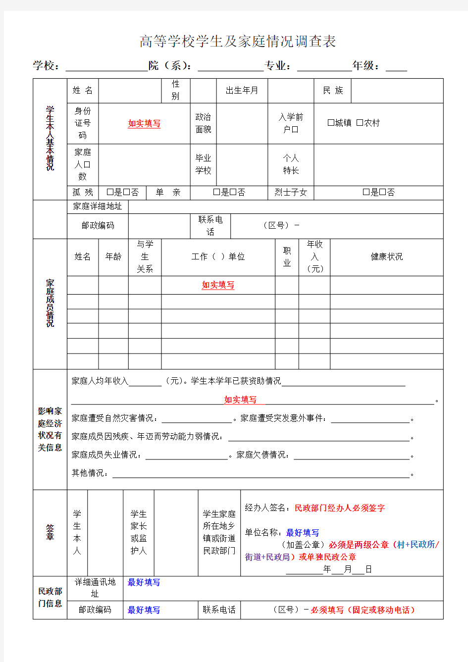 家庭经济情况调查表(范本)