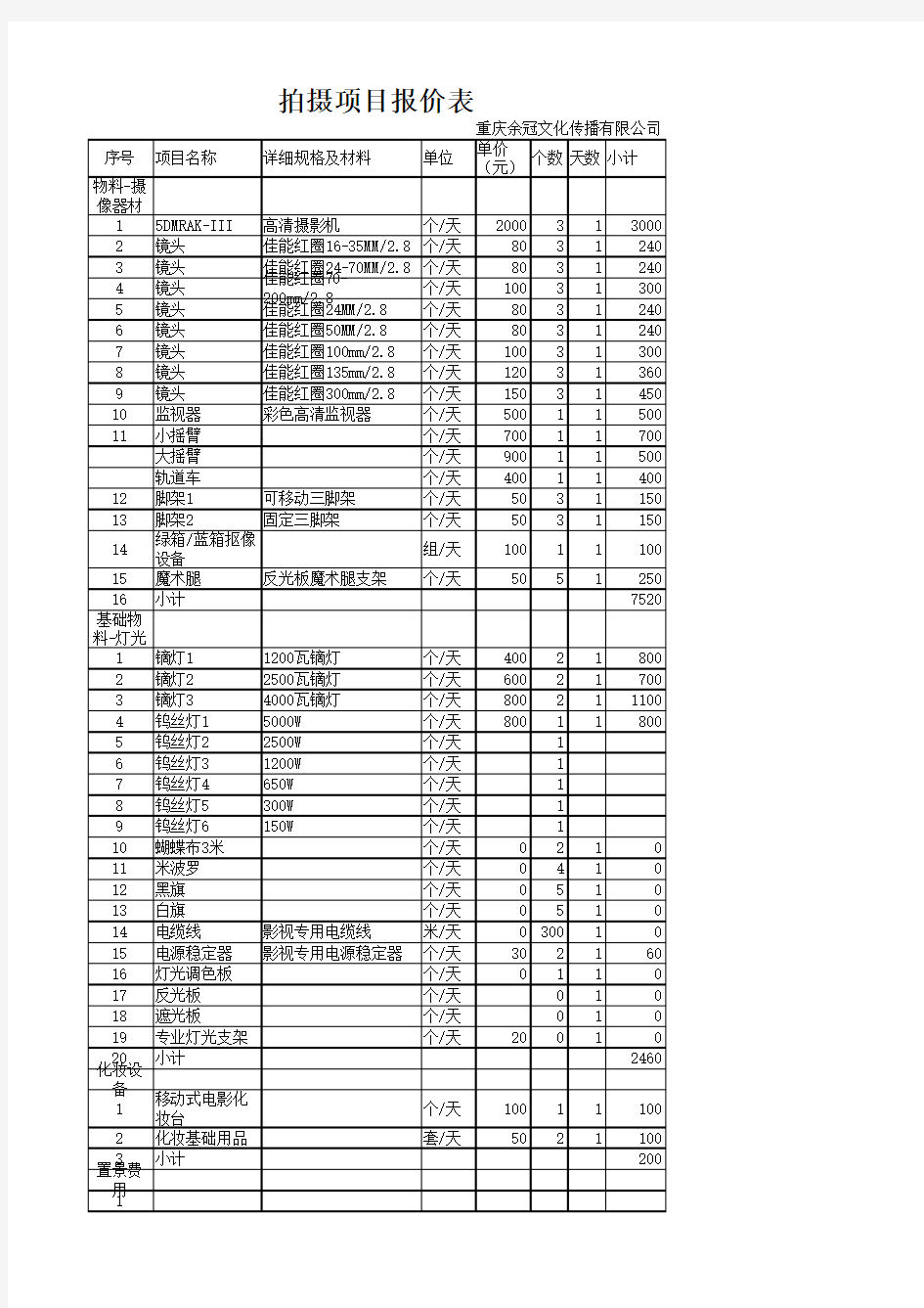 拍摄项目报价表