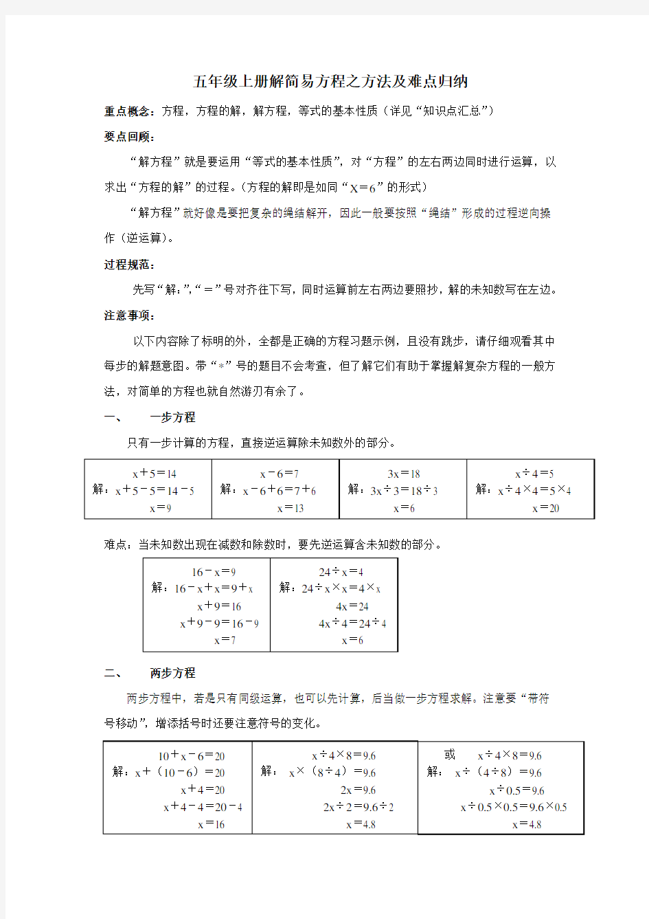 五年级上册解简易方程之方法及难点归纳