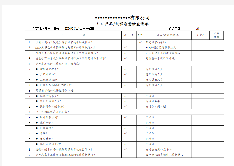 产品过程质量检查表