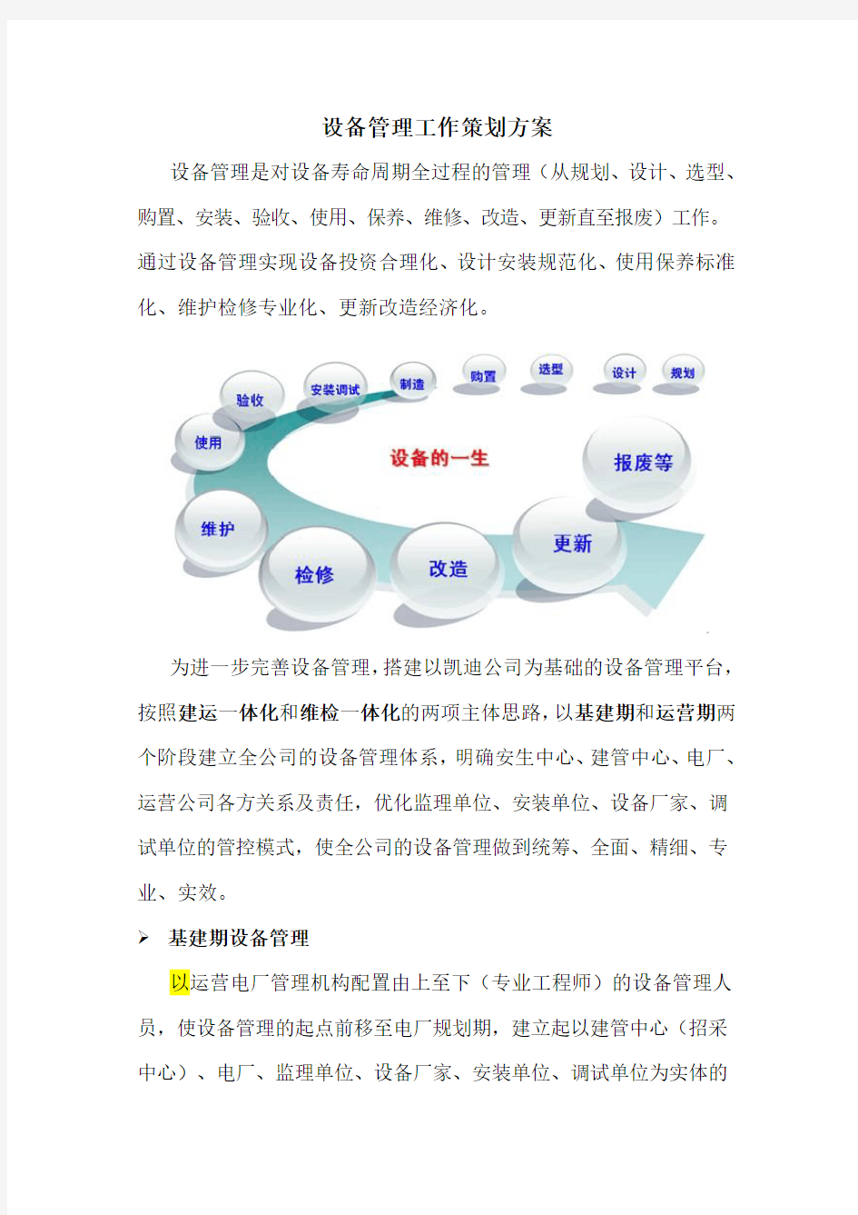 设备管理工作策划方案