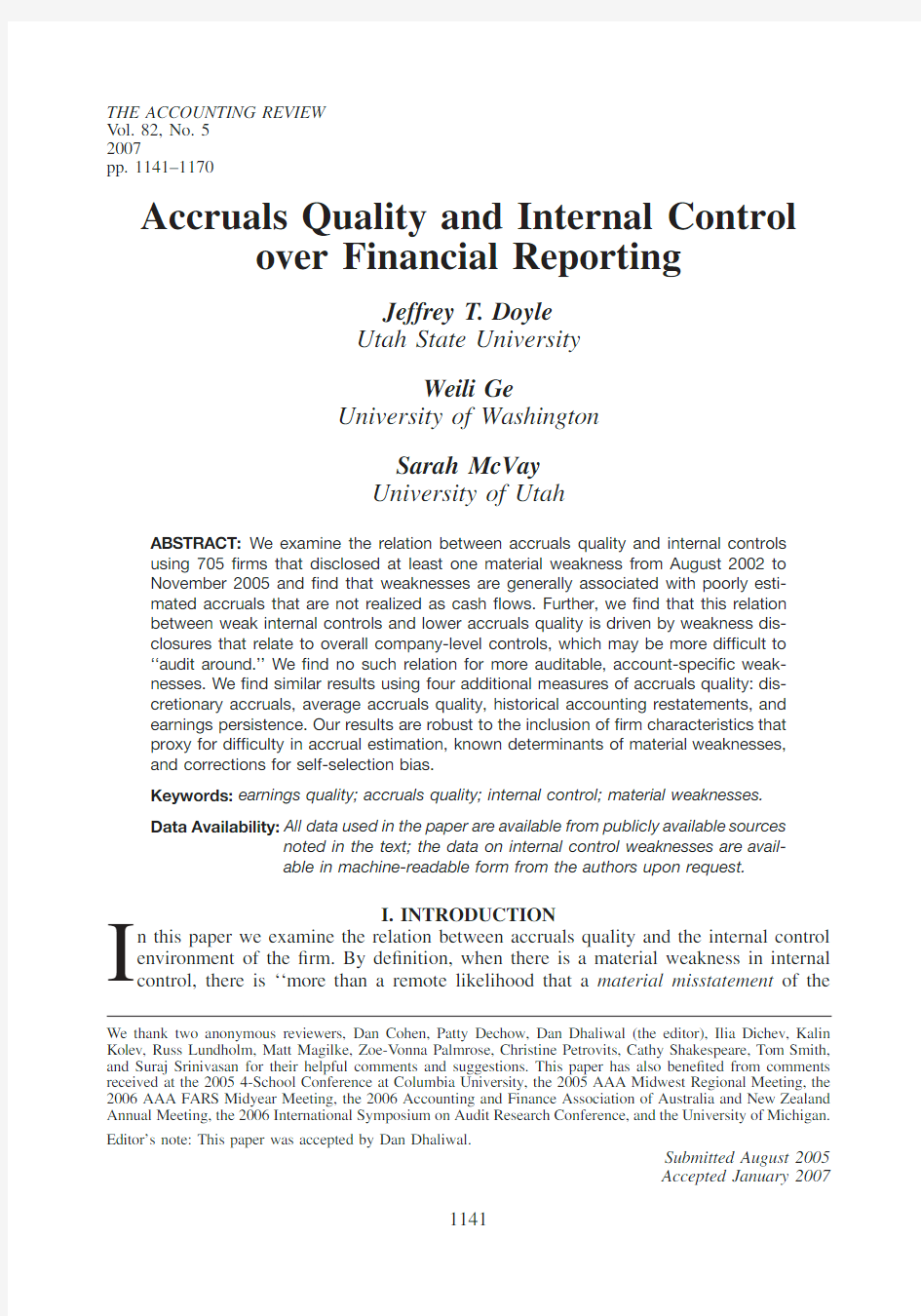 Accruals Quality and Internal Control