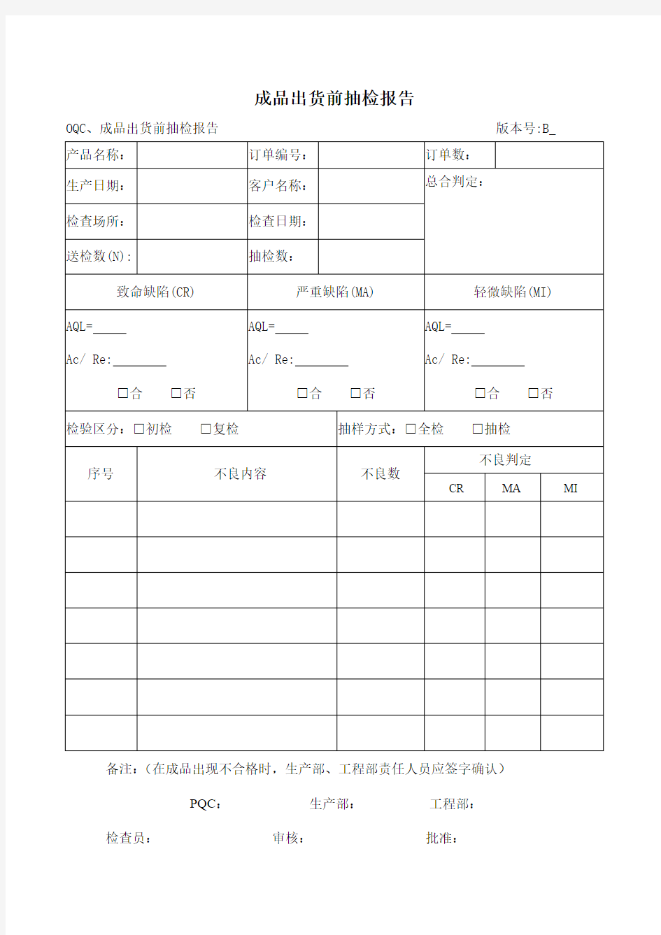 成品出货抽检记录表