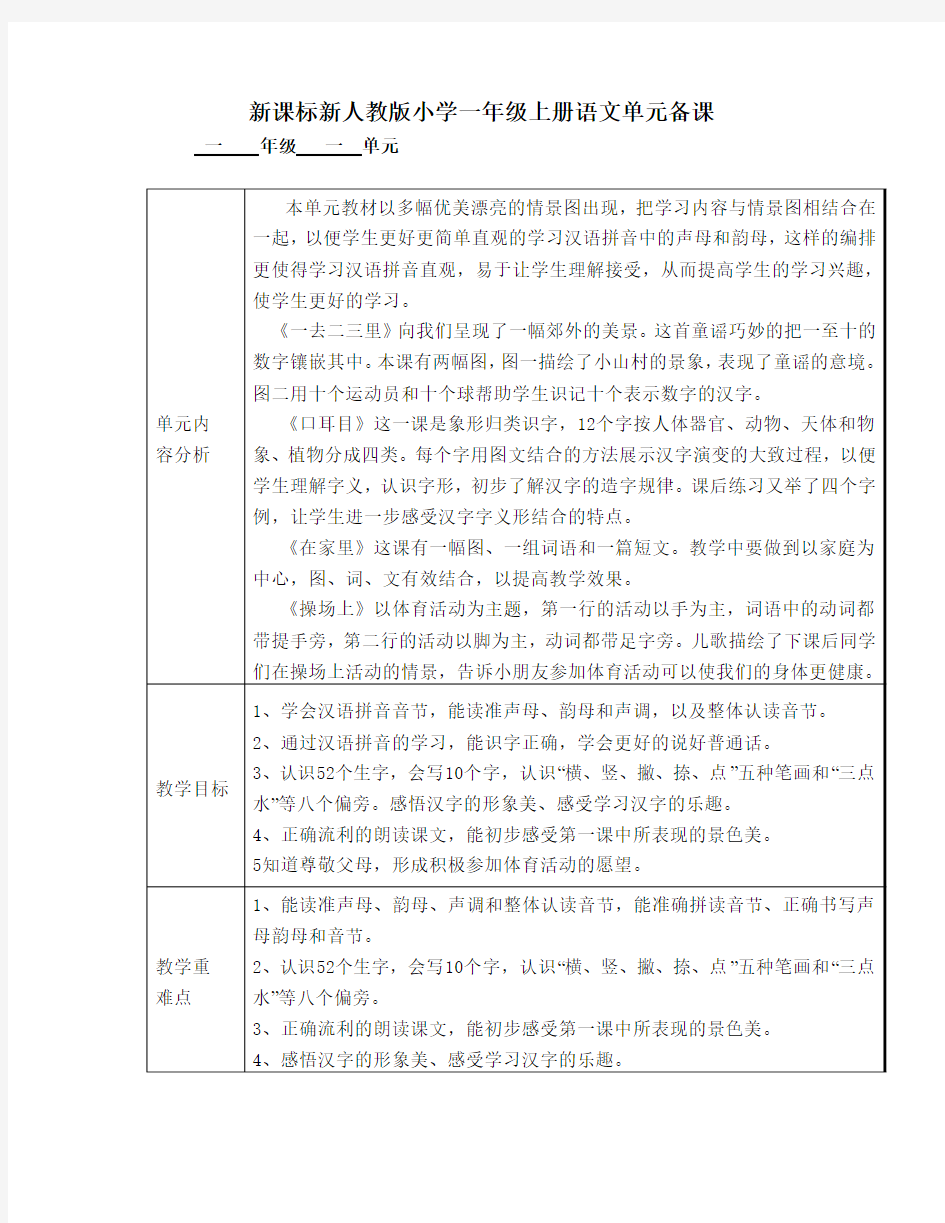 人教版小学一年级上册语文单元备课