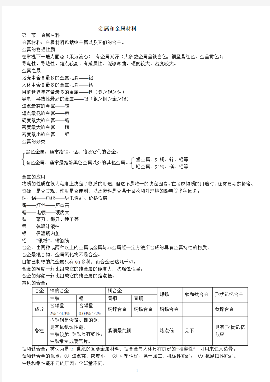 九年级化学下册 金属和金属材料重点人教版