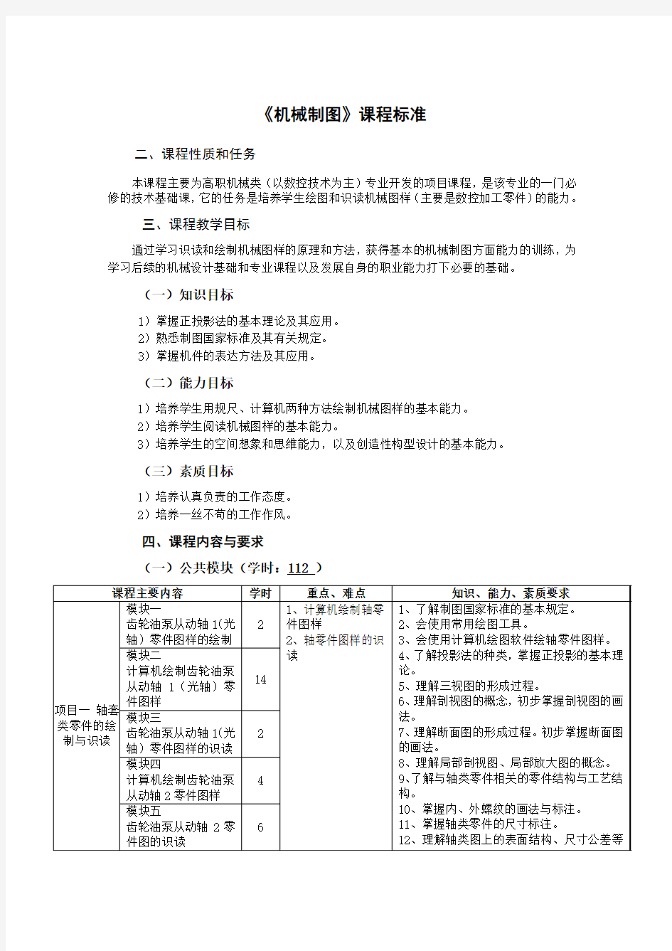 机械制图(数控技术)课程标准112课时