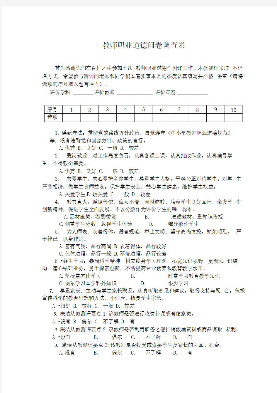 教师评价四种问卷调查表