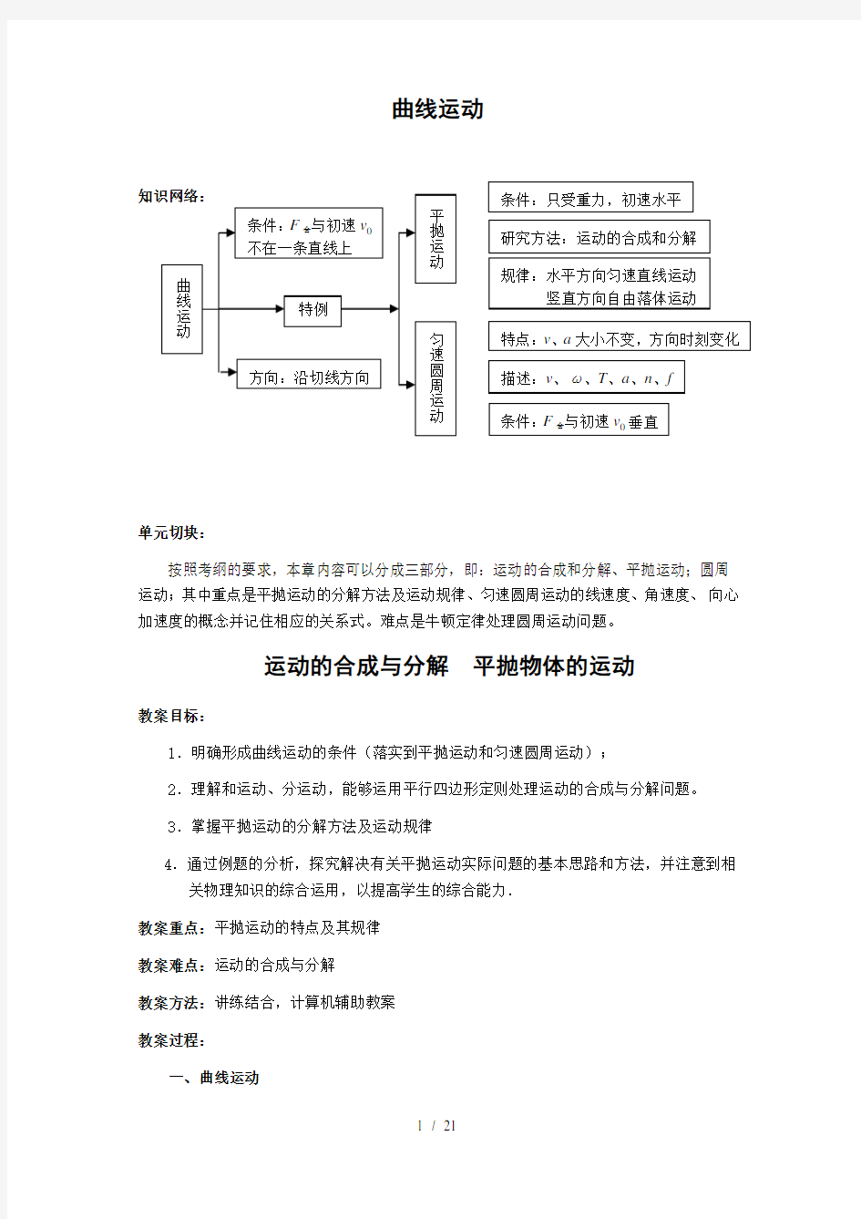 届高三一轮复习——曲线运动教案