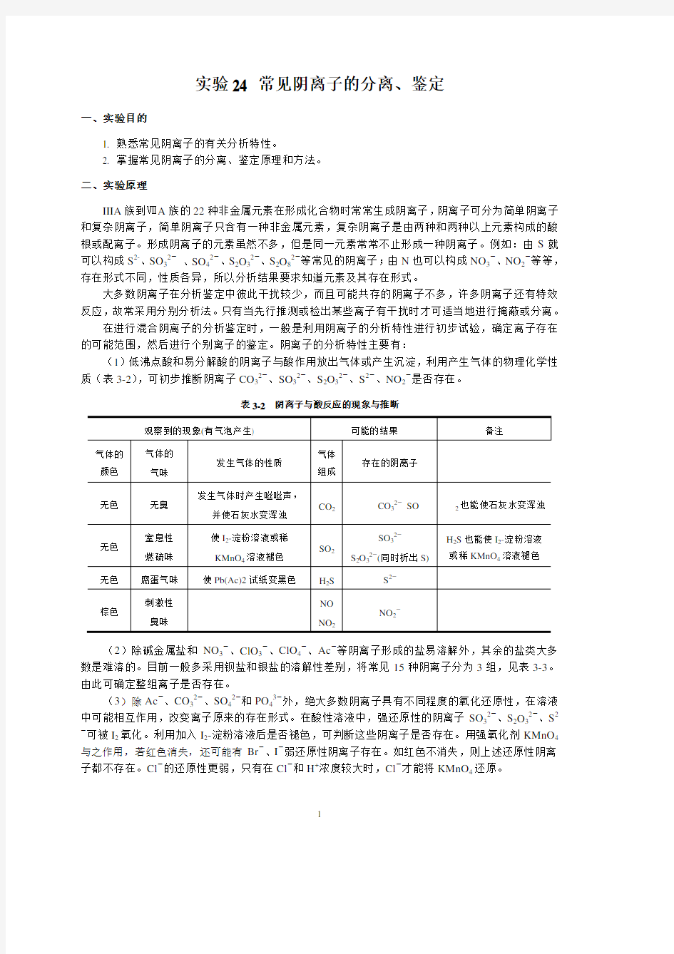 常见阴离子的分离、鉴定