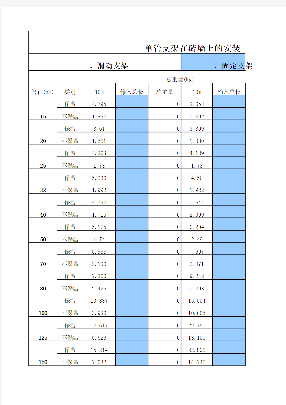 管道支架自动计算表格