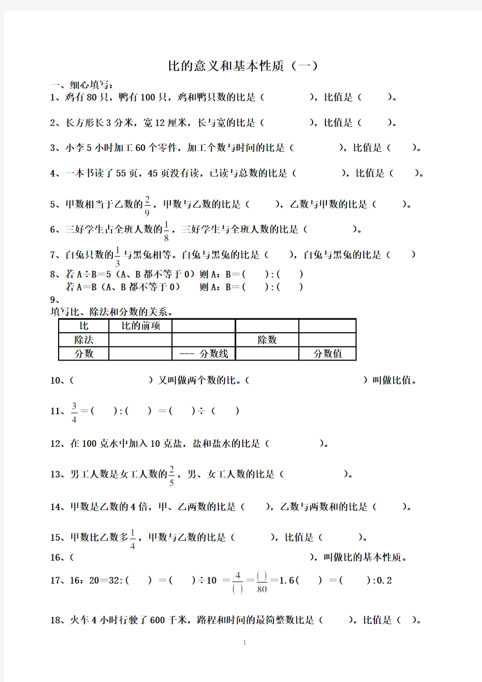 《比的意义和基本性质》练习题