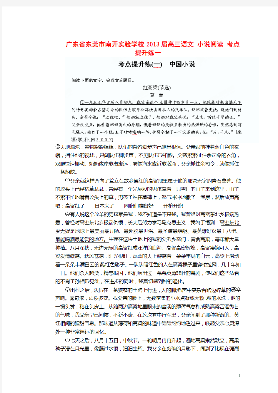 广东省东莞市南开实验学校高三语文 小说阅读 考点提升练一