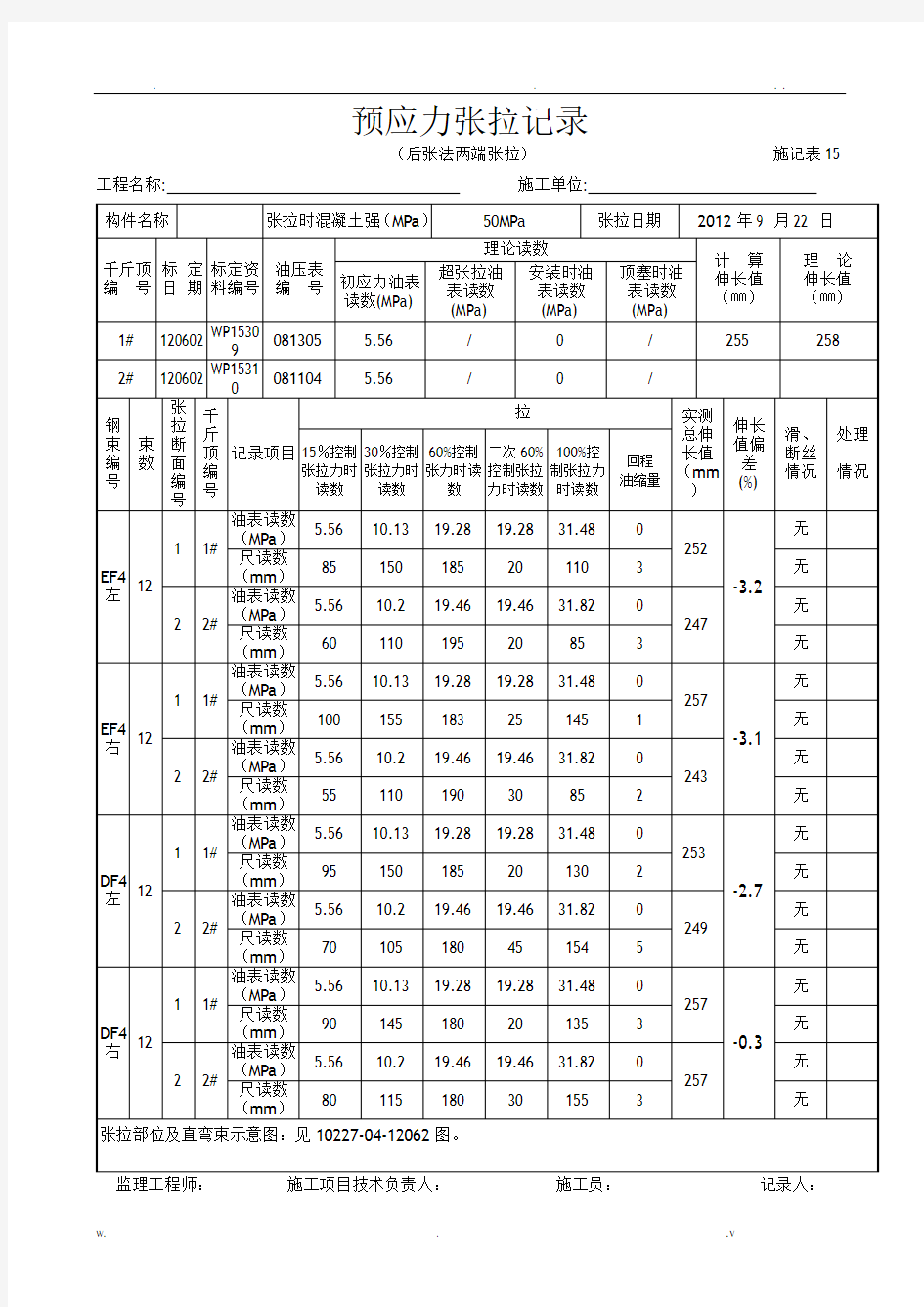 预应力张拉记录后张法两端张拉大全