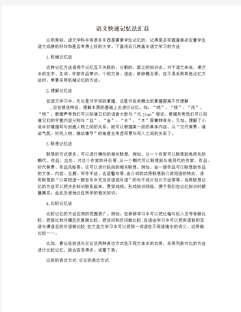 语文快速记忆法汇总