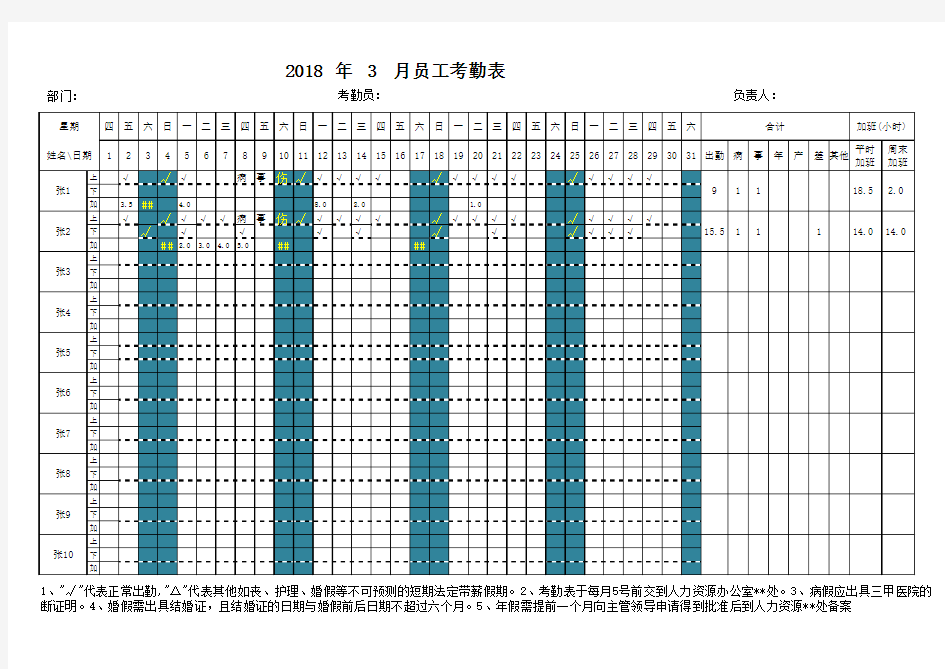 考勤表完美版(年月星期自动,区分加班,自动统计)1