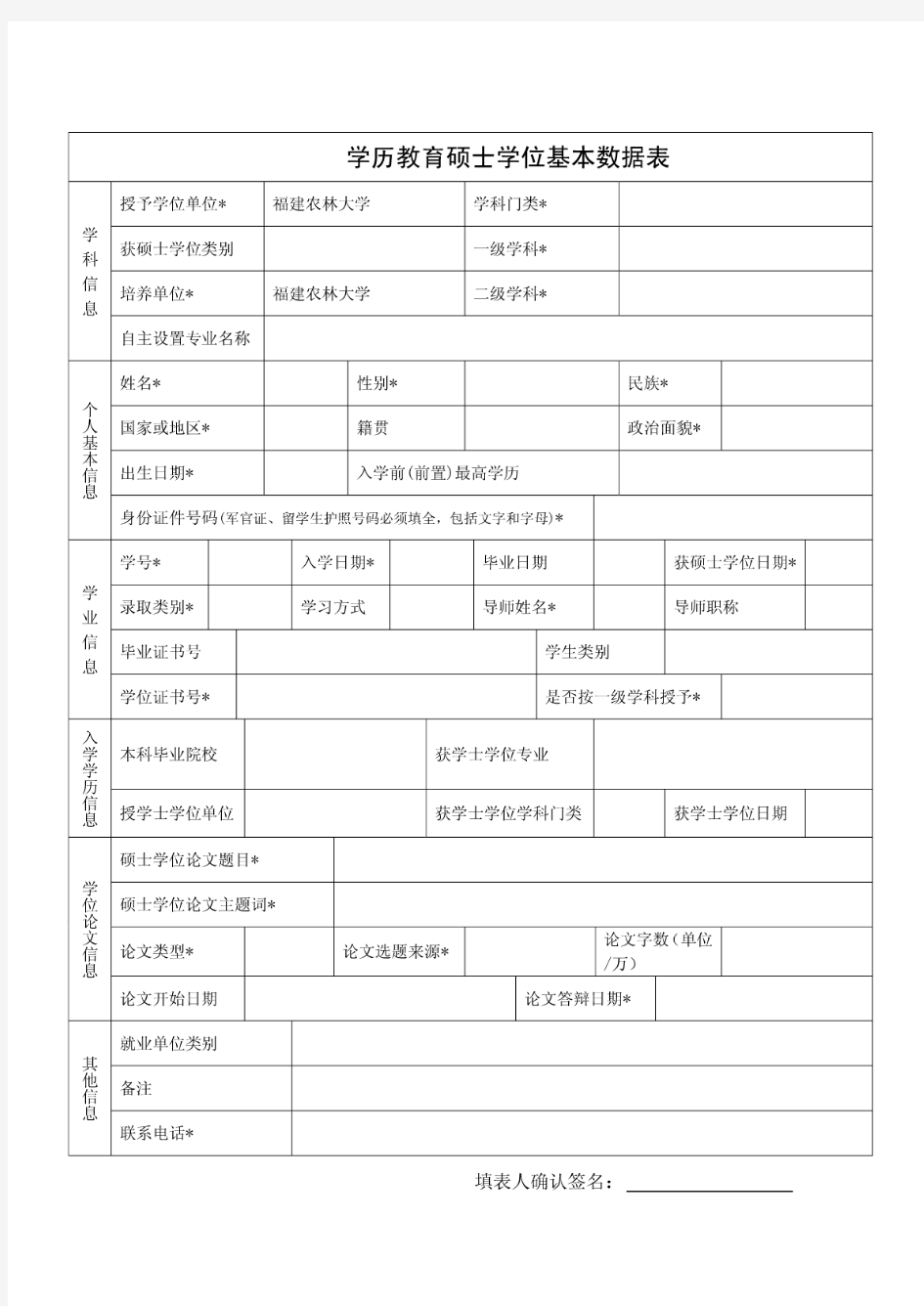 学历教育硕士学位基本数据表(统招硕士填写)