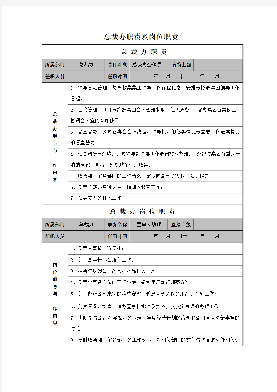 总裁办职责及岗位职责