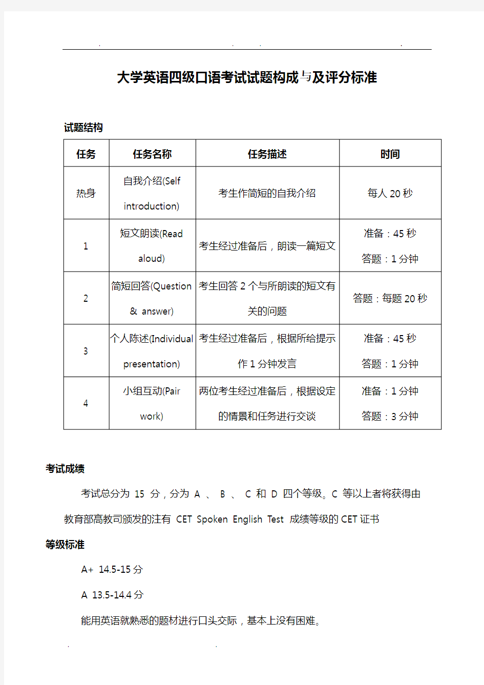 大学英语四级口语考试试题构成与及评分标准