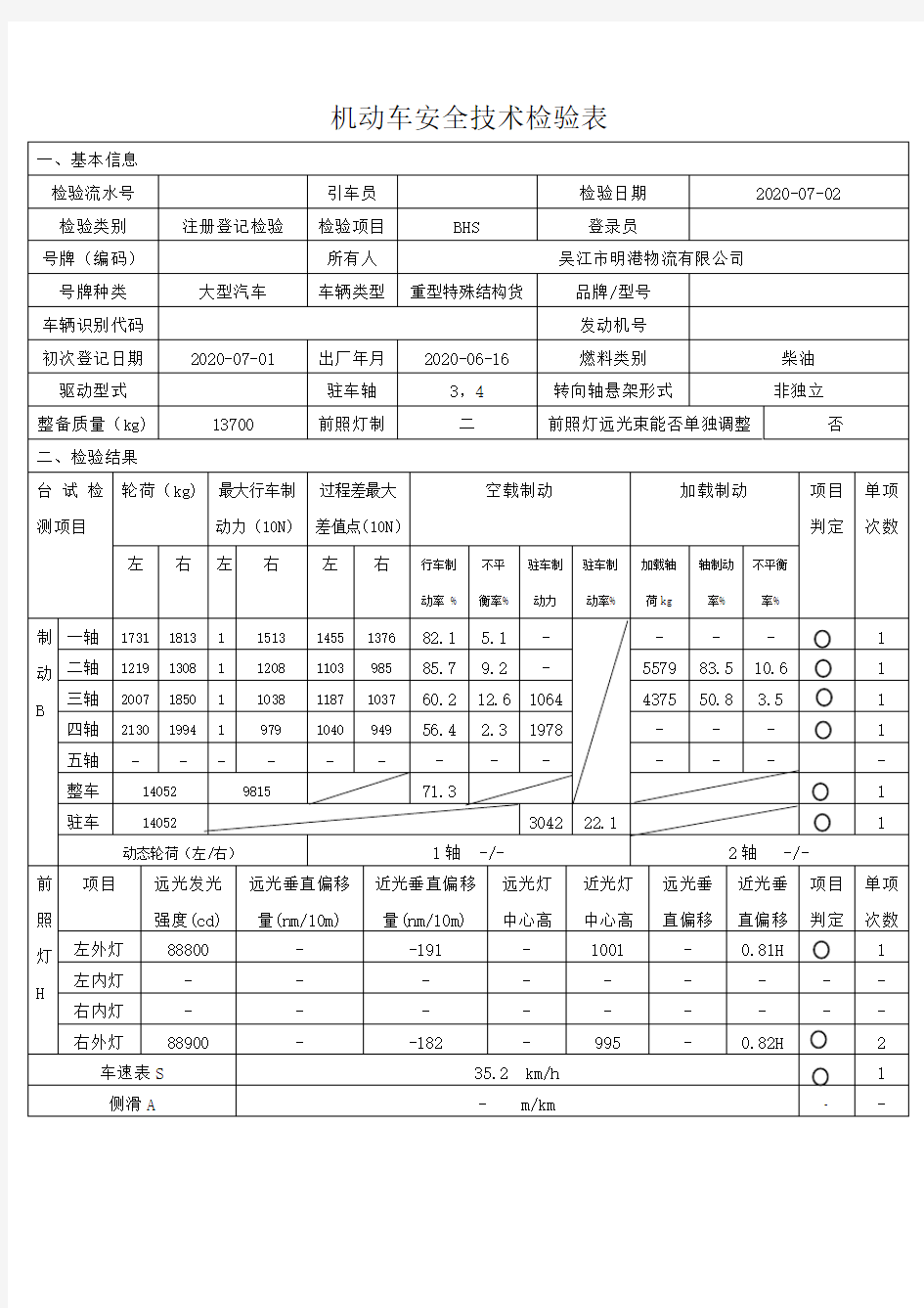 机动车安全技术检验表