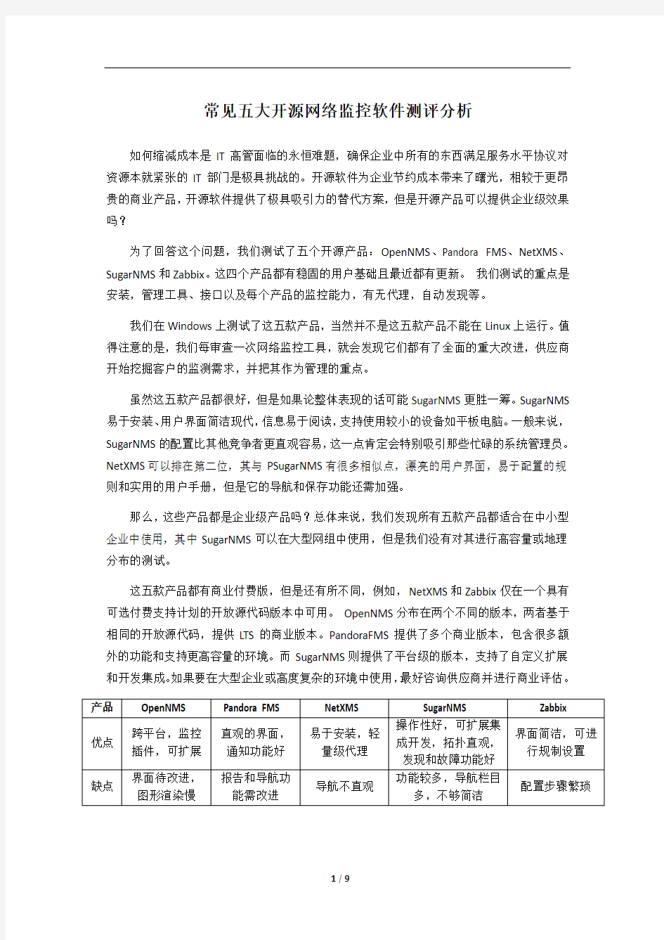 常见五大开源网络监控软件测评分析 