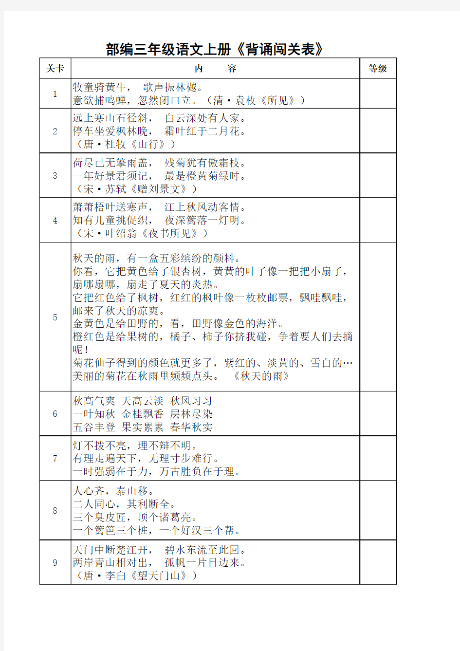 部编版三年级(上)语文背诵表