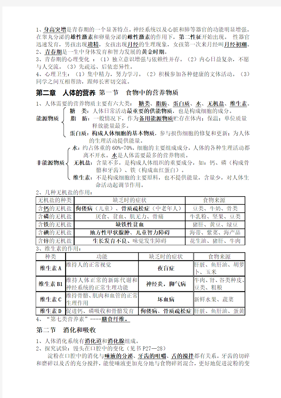 人教版七年级下册生物学知识点总结汇总