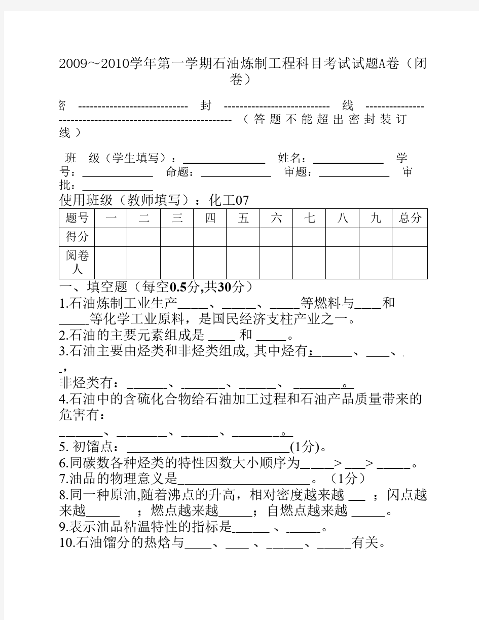 石油炼制试题 (1)