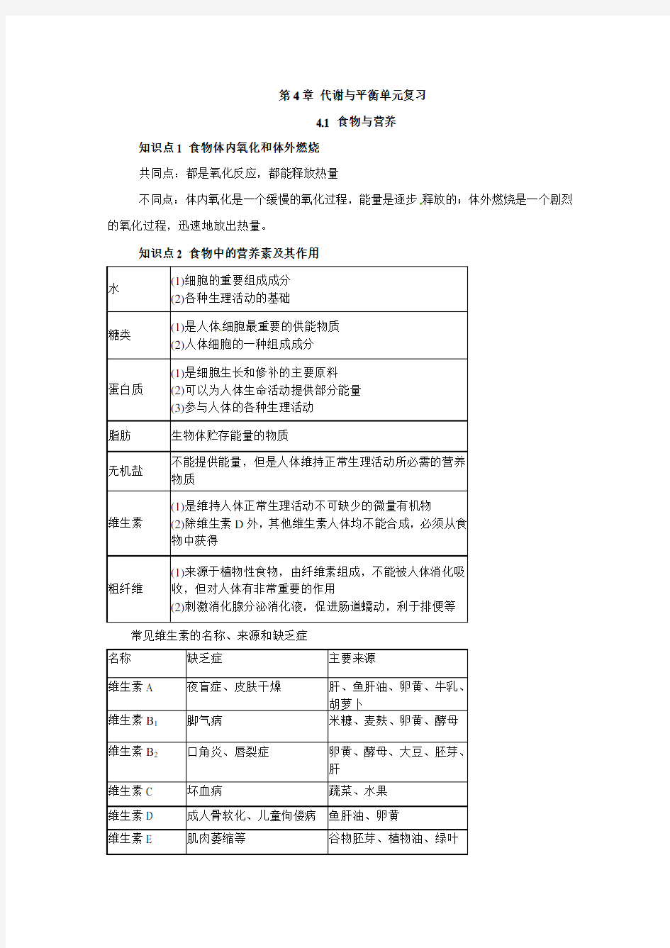 浙教版科学九年级上册第4章代谢与平衡单元复习知识点归纳