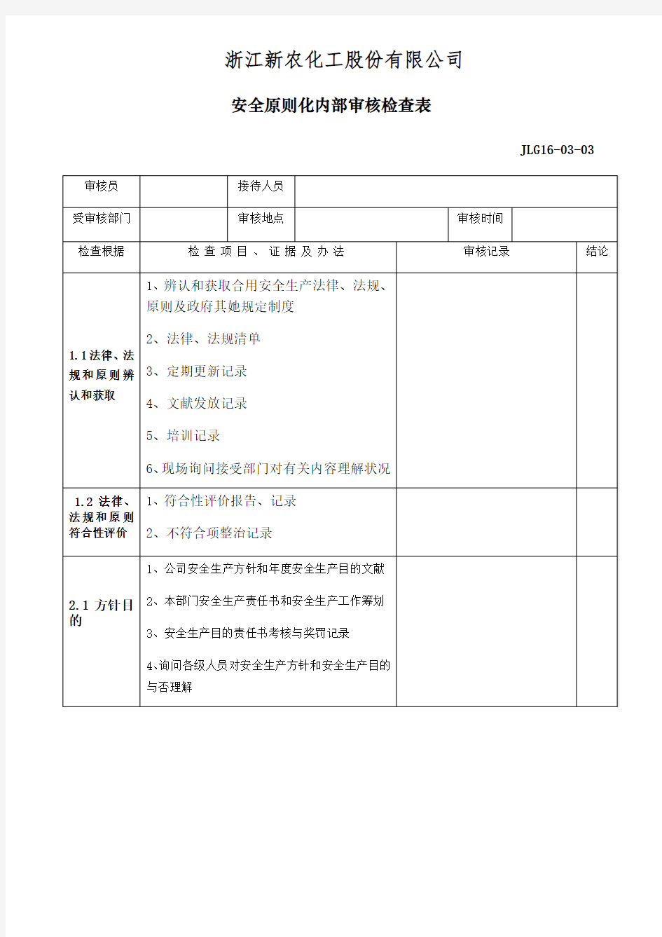 安全标准化内审检查表样本