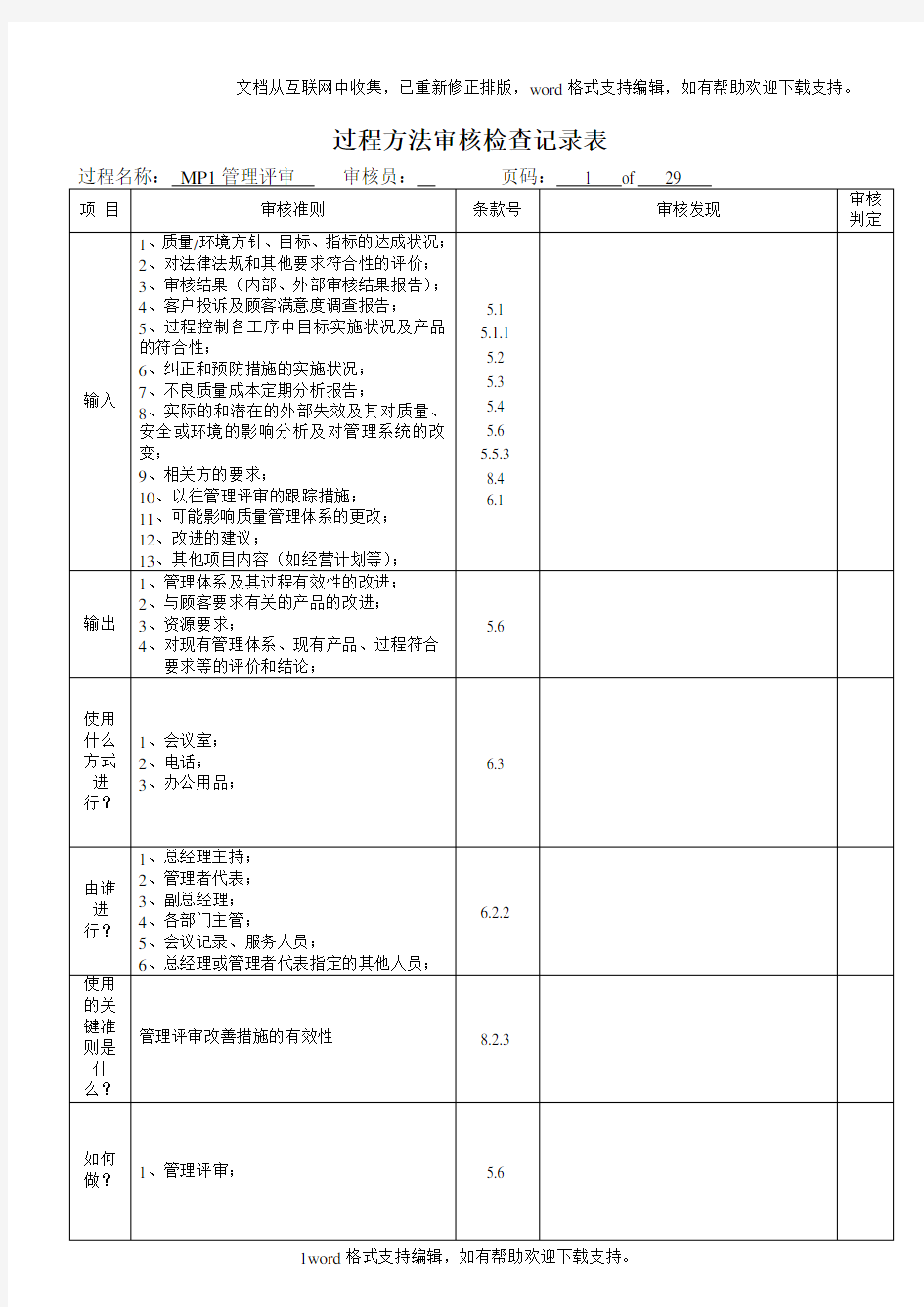 TS16949过程方法内审检查表