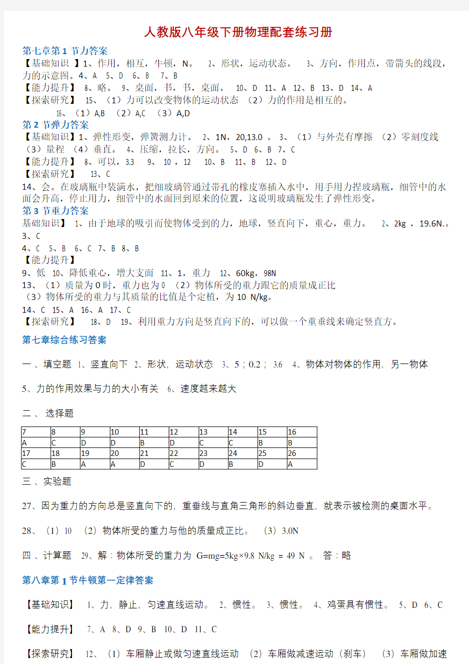 人教版八年级下册物理配套练习册